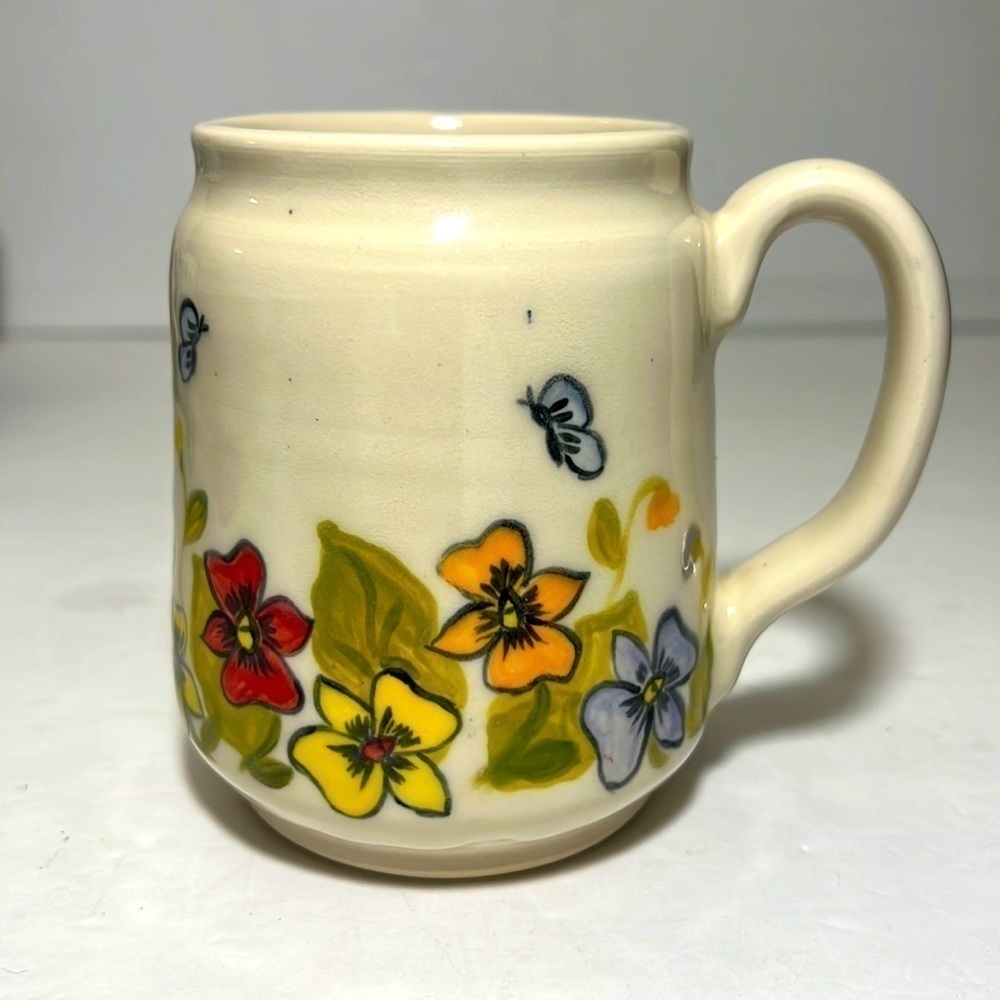 Beautiful Handcrafted Pottery Coffee Mug w/ Flowers and Butterflies